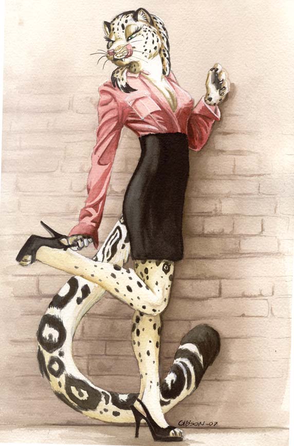 classy feline female high_heels pose roz_gibson snow_leopard solo tongue wall