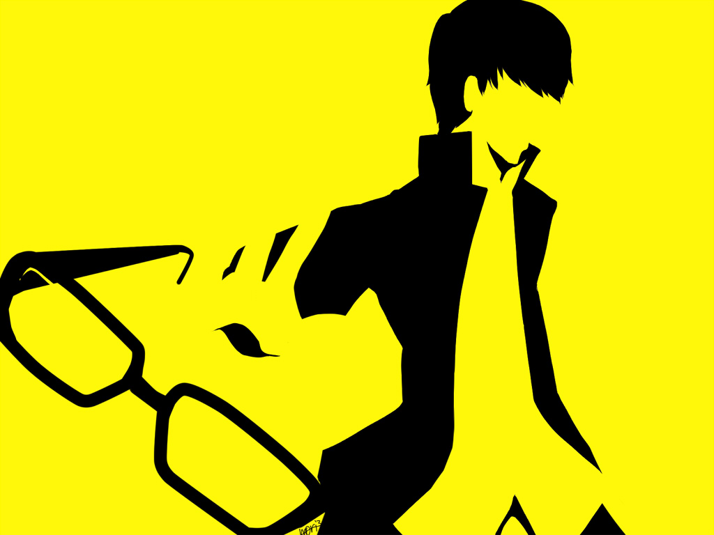 glasses male_focus moriririnn narukami_yuu persona persona_4 silhouette simple_background solo yellow