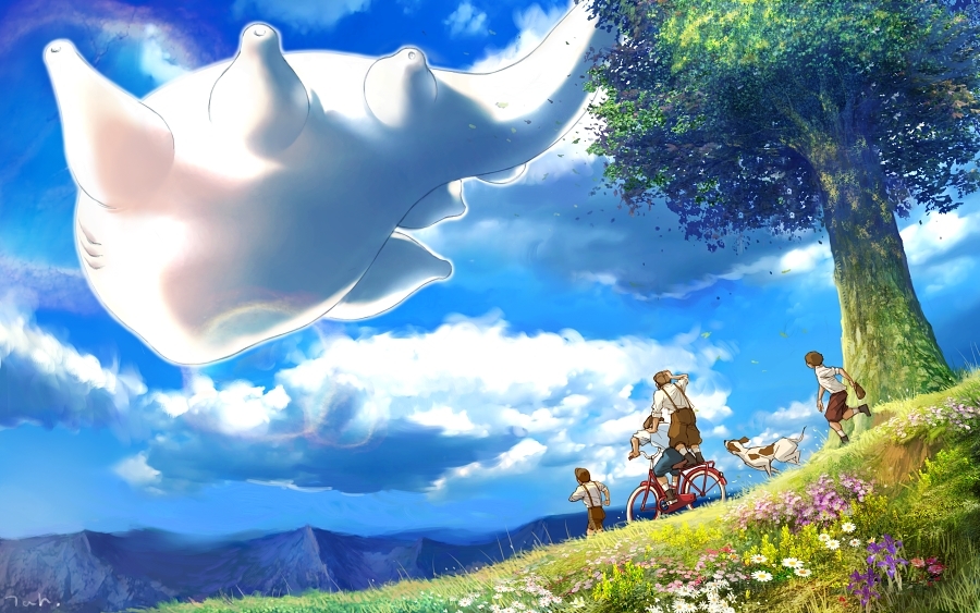 bicycle blue_sky cloud creature day dog dutch_angle fish flower flying grass ground_vehicle kyoung_hwan_kim looking_up mountain multiple_boys multiple_riders original outdoors riding running scenery school_uniform sky tree