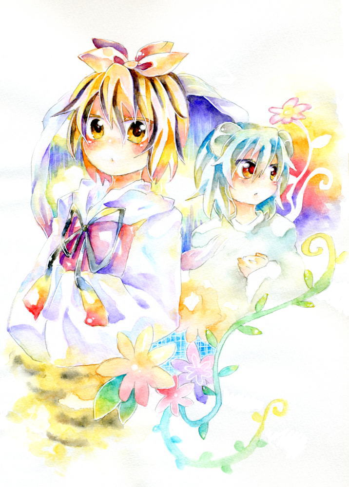 bad_id bad_pixiv_id black_hair blonde_hair blue_hair flower multicolored_hair multiple_girls nazrin red_eyes soiri_(us) toramaru_shou touhou traditional_media two-tone_hair watercolor_(medium) yellow_eyes