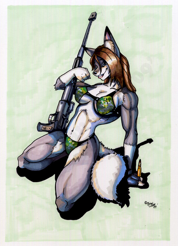 ammo bikini breasts brian_wear canine female gun kneeling muscles skimpy solo weapon wolf