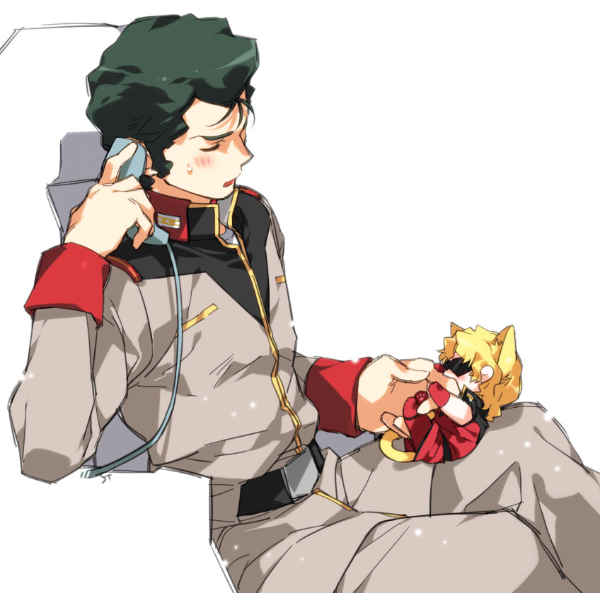 animal_ears bad_id bad_pixiv_id blonde_hair blush bright_noa cable cat_ears cat_tail char_aznable chibi closed_eyes corded_phone green_hair gundam male_focus military military_uniform miniboy multiple_boys pet phone quattro_vageena simple_background sitting sunglasses sweat tail talking_on_phone toujou_sakana uniform zeta_gundam