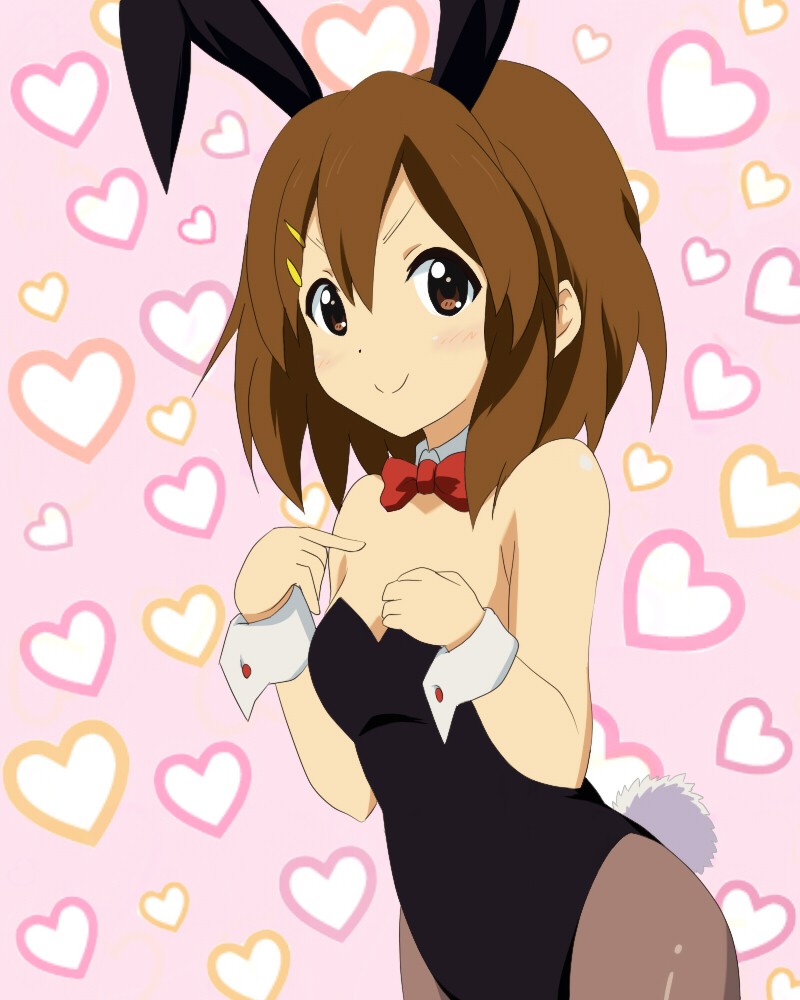 animal_ears brown_eyes brown_hair bunny_ears bunnysuit heart hirasawa_yui k-on! miracle official_style pantyhose short_hair solo wrist_cuffs