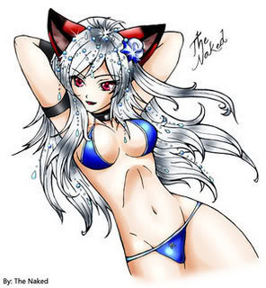 arms_behind_head band big_breasts bikini breasts canine choker clothed clothing collar female flower fox hair hair_jewels human jewels leaning lipstick long_hair looking_away looking_to_side mammal plain_background red_eyes skimpy solo swimsuit the_naked white_background white_hair