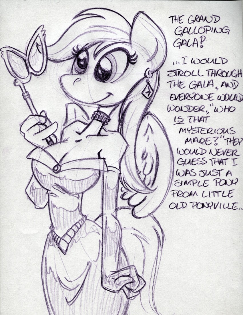 anthro anthrofied ball_gown ballgown black_and_white collar derp derpy_hooves_(mlp) ear_piercing elbow_gloves english_text equine female friendship_is_magic gloves horse jewelry king-cheetah mammal mask masquerade monochrome my_little_pony pegasus piercing plain_background pony solo studded_collar text white_background wings