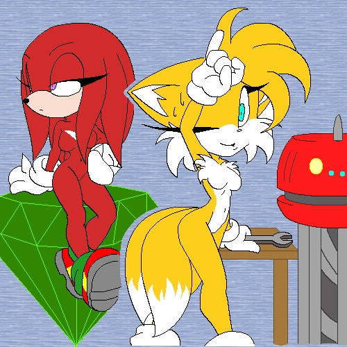 anthro blue_eyes breasts canine crossgender duo female fox fur hair knuckles_the_echidna mammal miles_prower millie_prower multiple_tails purple_eyes red_body red_hair sega sonic_(series) sweat tailsko unknown_artist wide_hips yellow_fur