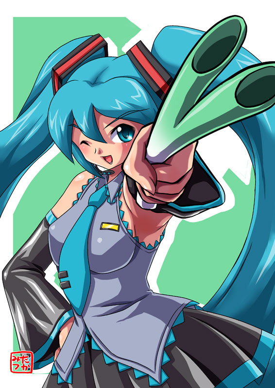 armpits ascot breasts foreshortening green_eyes green_hair hand_on_hip hatsune_miku long_hair medium_breasts necktie oborogumo_takamitsu one_eye_closed outstretched_arm skirt smile solo spring_onion twintails vocaloid