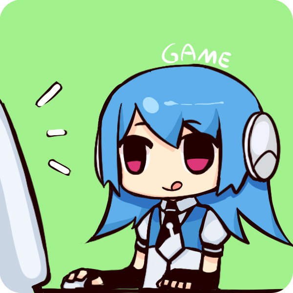 :q bili_girl_22 bilibili_douga blue_hair chibi computer fingerless_gloves gloves green_background hao_(patinnko) headset monitor mouse_(computer) necktie no_nose playing_games red_eyes short_hair solo tongue tongue_out