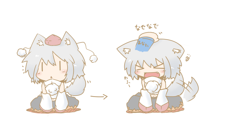 &gt;_&lt; animal_ears chibi closed_eyes dekasudachin detached_sleeves fang hand_on_own_head hat heart inubashiri_momiji midriff open_mouth petting shirt short_hair silver_hair simple_background sitting solo tail tail_wagging tokin_hat touhou white_shirt wolf_ears wolf_tail |_|