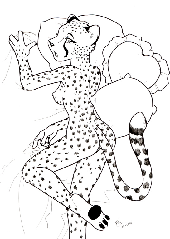 2006 after_masturbation after_sex back bed breasts butt cheetah cute exhausted feline female fingering fio inks line_art masturbation nude overhead pillows pussy_juice side_boob solo sweatdrop