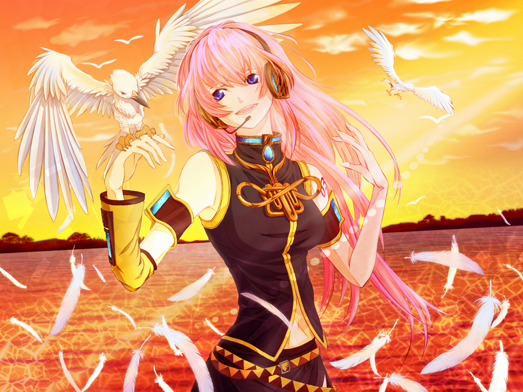 animal bird feathers headphones megurine_luka pink_hair vocaloid water