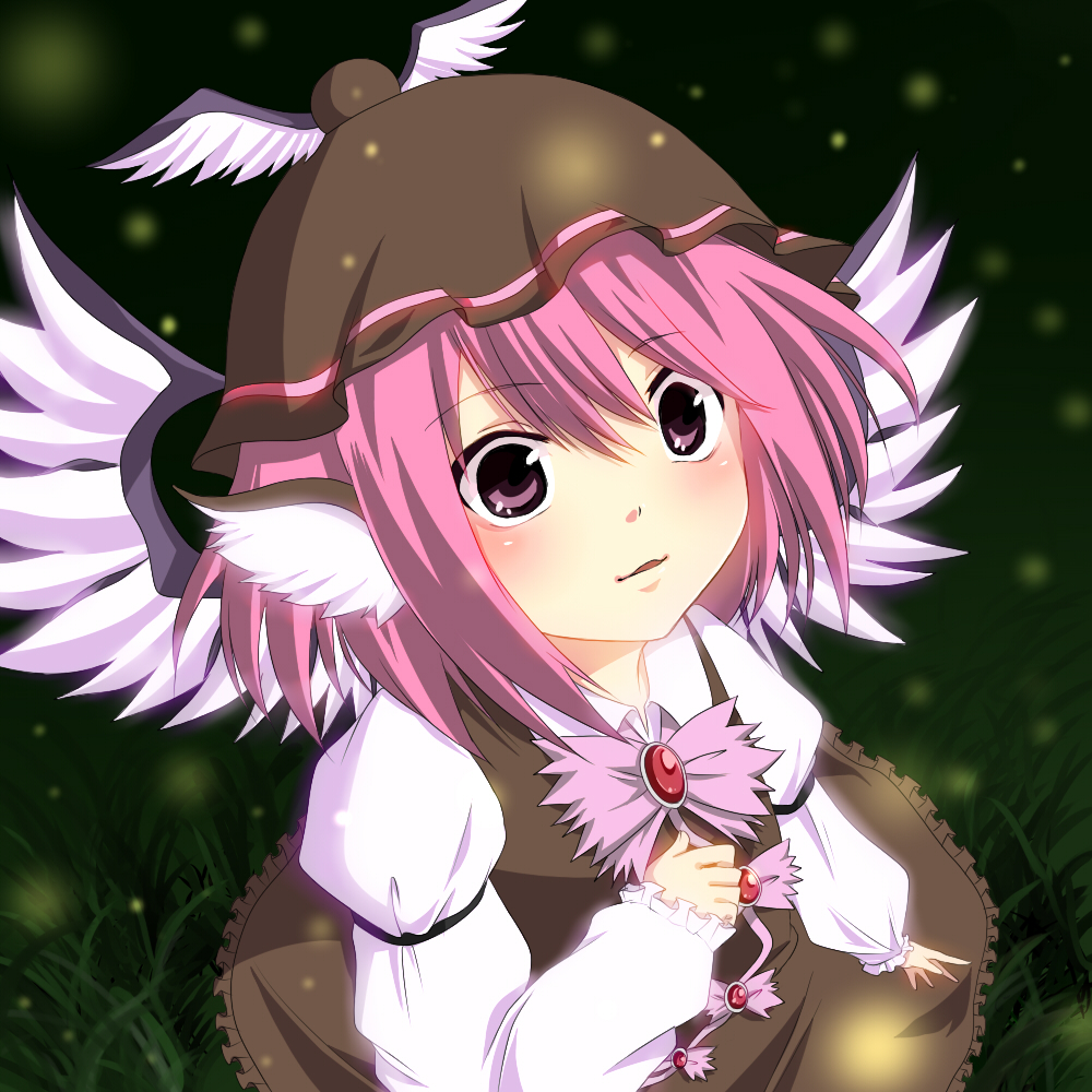 anthem_jin bad_id bad_pixiv_id face from_above hat jewelry mystia_lorelei pink_eyes pink_hair solo touhou wings