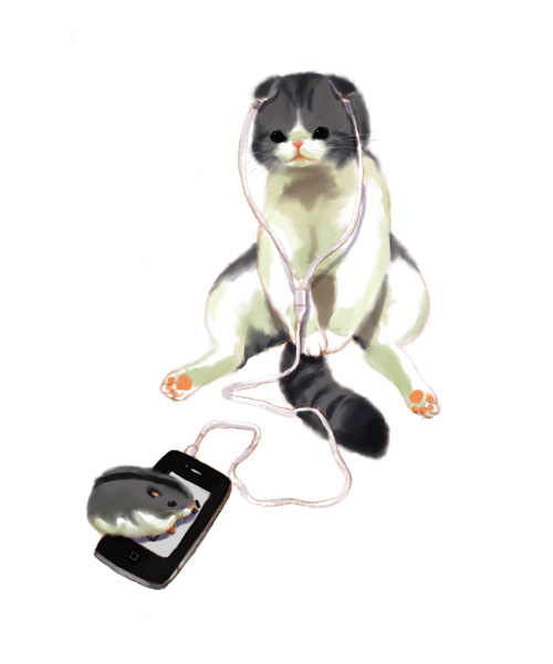act black_eyes cat countershading cute duo earbuds earphones feline feral fur grey_fur hamster iphone_4 mammal non-anthro orange_pawpads pink_nose plain_background rodent sitting standing whiskers white_background white_countershading