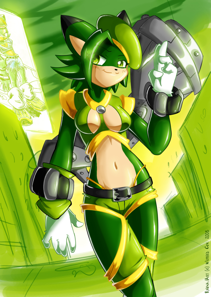 female gloves green hedgehog midriff rhiona shadowill solo sonic_style