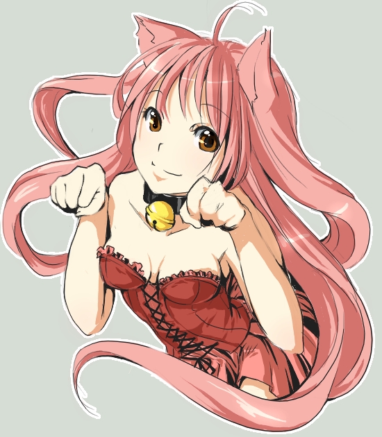 ahoge animal_ears bad_deviantart_id bad_id bell bell_collar breasts brown_eyes cat_ears cleavage collar copyright_request corset face jingle_bell long_hair medium_breasts natsuki_suzuhara paw_pose pink_hair skirt smile solo