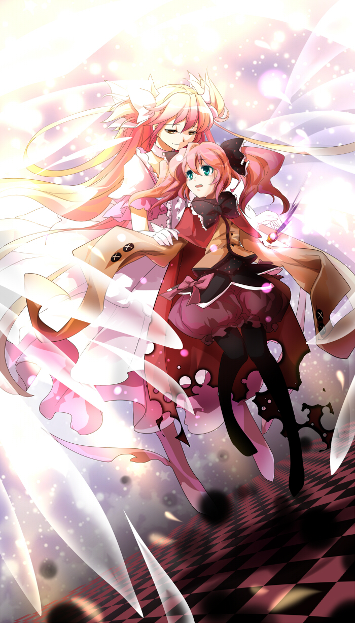 black_legwear burnt_clothes charlotte_(madoka_magica) checkered checkered_floor flying gloves green_eyes highres kaname_madoka light_smile long_hair mahou_shoujo_madoka_magica multiple_girls pantyhose personification pink_hair soul_gem spoilers tears transparent twintails two_side_up ultimate_madoka white_gloves wings yellow_eyes yetworldview_kaze