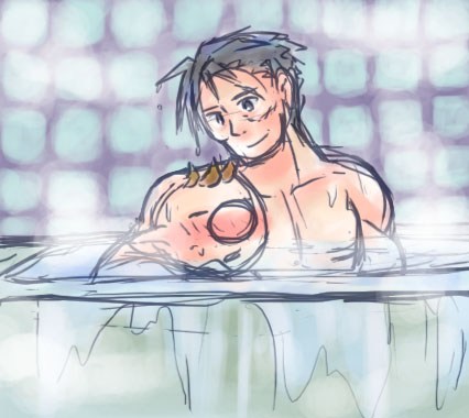alien bath blush captain_falcon hira hot_spring nude olimar smile steam sweat