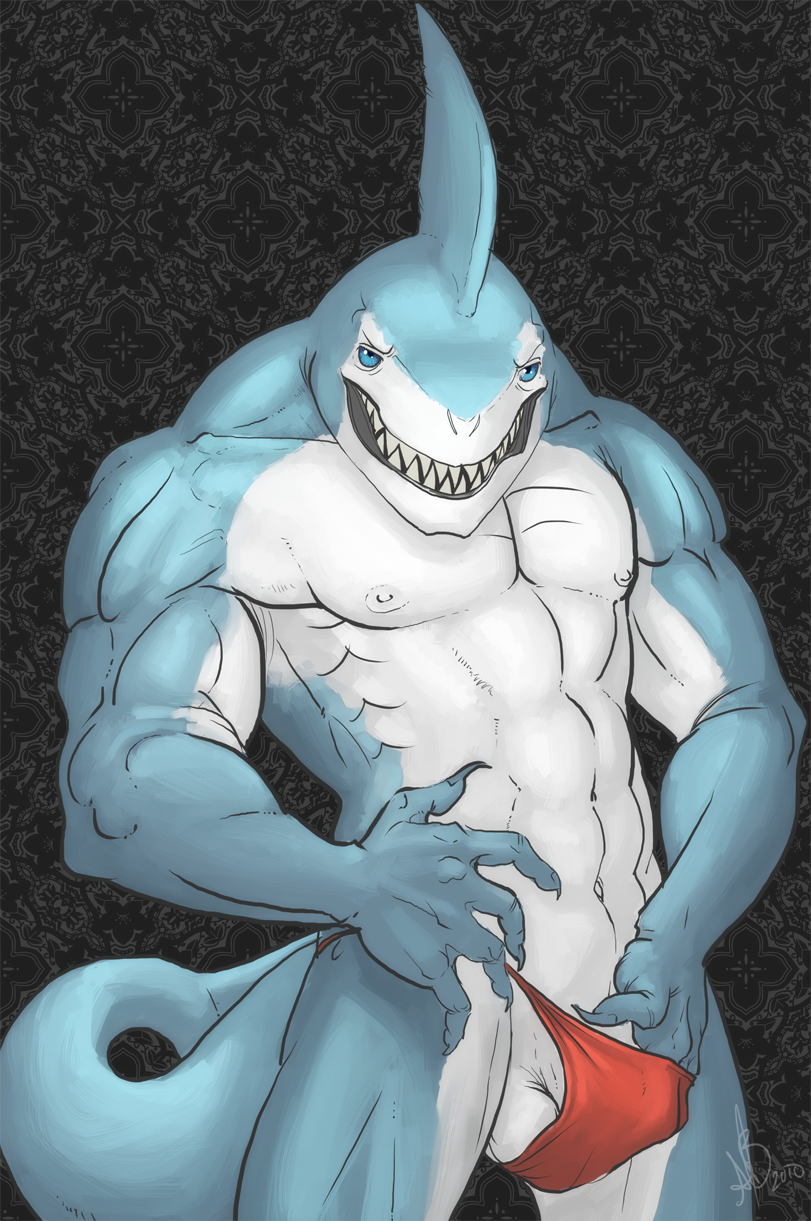 diarmaidhutchence fish george_(diarmaidhutchence) great_white_shark homocidal_manda looking_at_viewer male marine muscles nipples shark solo thong undressing
