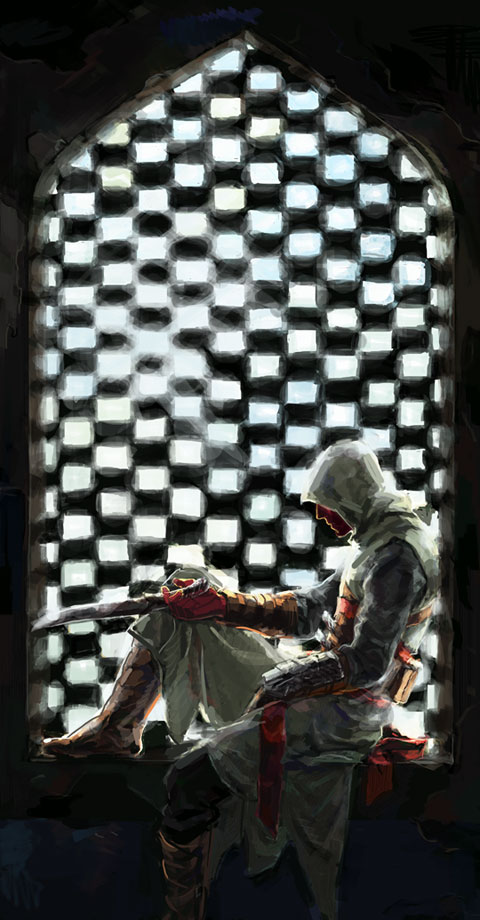 altair_ibn_la-ahad assassin's_creed assassin's_creed_(series) hood knife male_focus solo vambraces wa_(0kz) weapon