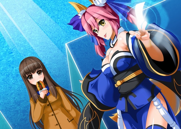 2girls :p animal_ears artist_request bare_shoulders blue_legwear bow breasts brown_eyes brown_hair caster_(fate/extra) cleavage coat detached_sleeves eating fate/extra fate_(series) female_protagonist_(fate/extra) fox_ears fox_tail hair_bow hair_ribbon japanese_clothes kimono kishinami_hakuno_(female) long_hair multiple_girls ofuda pink_hair pixiv_thumbnail resized ribbon school_uniform smile tail thighhighs tongue tongue_out twintails yakisoba_pan yakisobapan yakitori_(oni) yellow_eyes