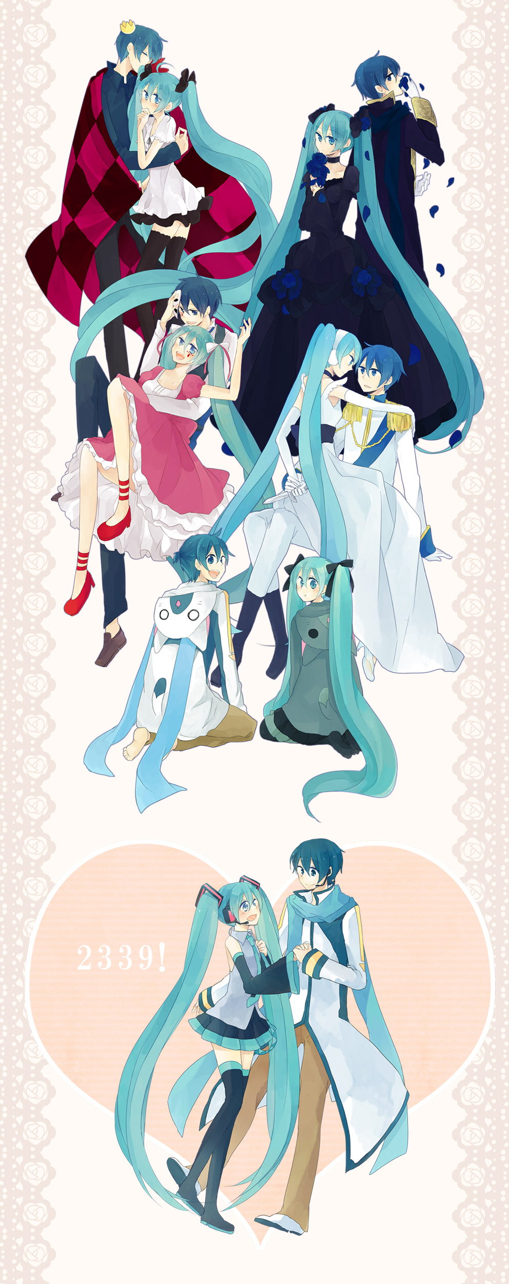 1girl absurdres aqua_eyes aqua_hair blue_eyes blue_hair blue_scarf cantarella_(vocaloid) cendrillon_(vocaloid) couple crazy_clown_(vocaloid) crown detached_sleeves dress flower formal hatsune_miku headset hetero highres holding_hands kaito knife long_hair mask mui necktie open_mouth petals scarf skirt songover thighhighs twintails very_long_hair vocaloid world_is_mine_(vocaloid)
