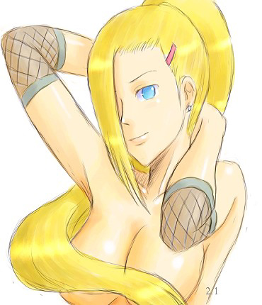 blonde_hair blue_eyes bonnie_(artist) bonnie_(rsg) breasts censor_hair censored cleavage convenient_censoring earrings female fishnets hair_censor hair_ornament hair_over_breasts hair_over_one_eye hairclip jewelry long_hair lowres naruto ponytail simple_background solo white_background yamanaka_ino