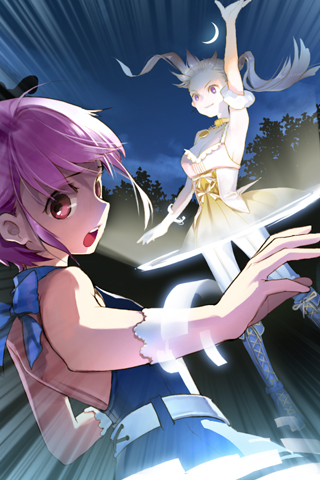 arm_up crescent crescent_moon lowres magic moon multiple_girls night pink_eyes pink_hair salt_(salty) sword_girls twintails