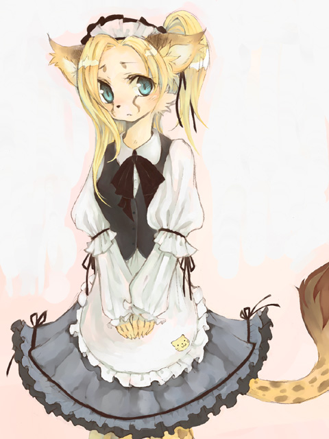 feline female maid maid_uniform mammal plain_background solo tail white_background