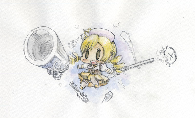 :o baku_taso beret blonde_hair blush boots brown_legwear chibi drill_hair gloves graphite_(medium) gun hair_ornament hairpin hat huge_weapon long_hair magical_girl magical_musket mahou_shoujo_madoka_magica open_mouth pleated_skirt puffy_sleeves ribbon rifle sketch skirt solo teeth thighhighs tiro_finale tomoe_mami traditional_media twin_drills twintails watercolor_pencil_(medium) weapon yellow_eyes