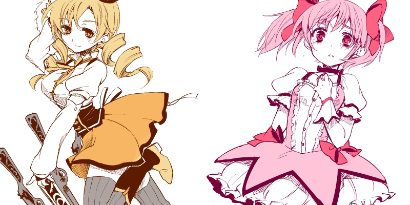 beret blonde_hair boots bubble_skirt corset detached_sleeves drill_hair epuko fingerless_gloves flat_color gloves grey_legwear gun hair_ornament hairpin hand_on_own_chest hat kaname_madoka light_smile magical_girl magical_musket mahou_shoujo_madoka_magica multiple_girls pink_eyes pink_hair pleated_skirt puffy_sleeves ribbon rifle shirt short_hair simple_background skirt striped striped_legwear taut_clothes taut_shirt tears thighhighs tomoe_mami twin_drills twintails vertical-striped_legwear vertical_stripes weapon yellow_eyes zettai_ryouiki