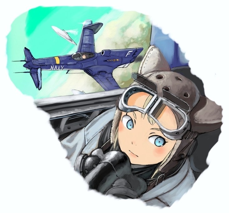 aircraft airplane animal_ears bad_id bad_pixiv_id blue_eyes coh drop_tank goggles helmet mars_expedition military navy oxygen_mask pilot solo