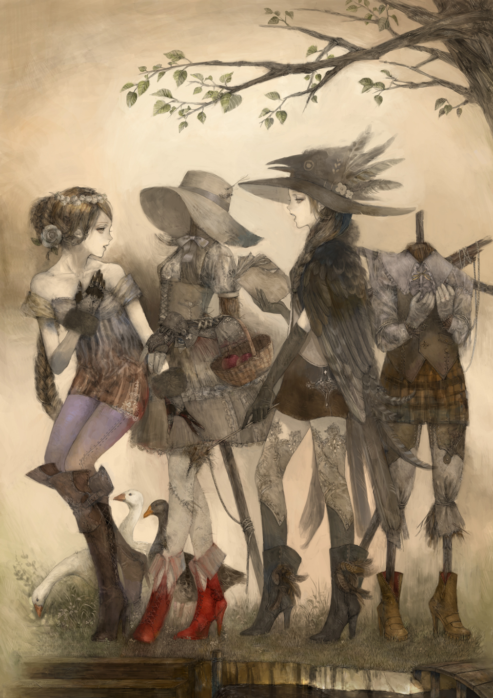 apple bad_id bad_pixiv_id bare_shoulders basket bird book boots braid duck elbow_gloves feathers flower food fruit gloves hair_flower hair_ornament hair_up hat head_wreath headless highres horror_(theme) kera_(ggg33) mannequin multiple_girls original pantyhose profile thighhighs tree wings
