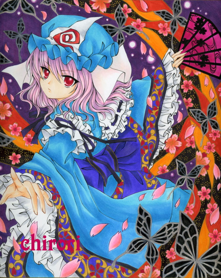 bad_id bad_pixiv_id bug butterfly cherry_blossoms chirori fan folding_fan ghost hat insect japanese_clothes marker_(medium) petals pink_hair red_eyes saigyouji_yuyuko solo touhou traditional_media