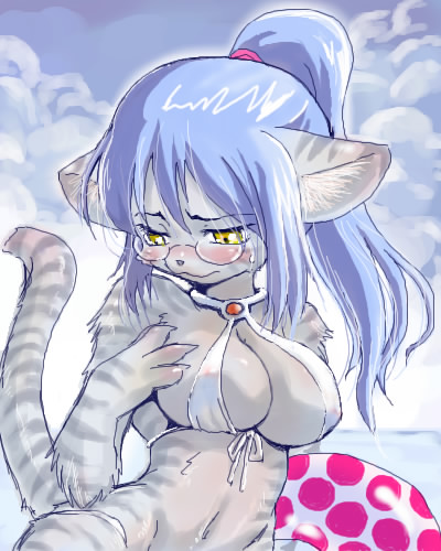 blush breasts cat feline female glasses kuri skimpy swimsuit