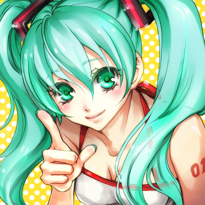 green_eyes green_hair hatsune_miku long_hair lowres pointing smile solo twintails vocaloid yamano_uzura
