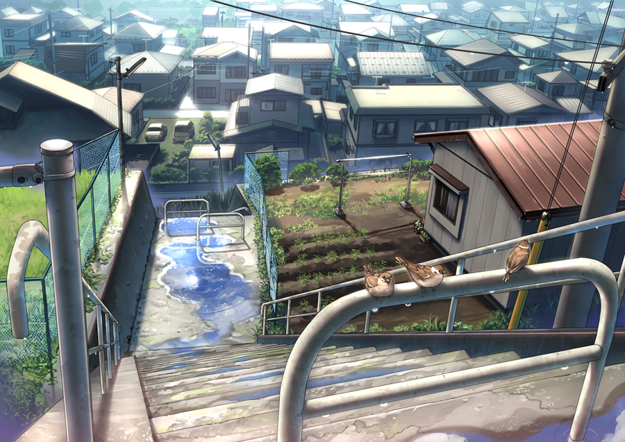 car eurasian_tree_sparrow fence fo~do ground_vehicle house how_to lamppost morioka motor_vehicle no_humans original photo-referenced photorealistic puddle railing real_world_location scenery sparrow stairs town