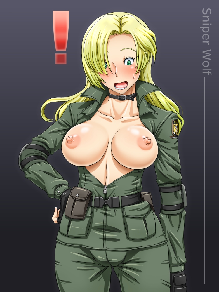 1girl areolae blonde_hair blush breasts breasts_outside choker cleavage fingerless_gloves gloves green_eyes hair_over_one_eye hand_on_hip large_breasts long_hair metal_gear_(series) metal_gear_solid military military_uniform nipples no_bra open_mouth shikuta_maru sniper_wolf solo uniform wardrobe_malfunction