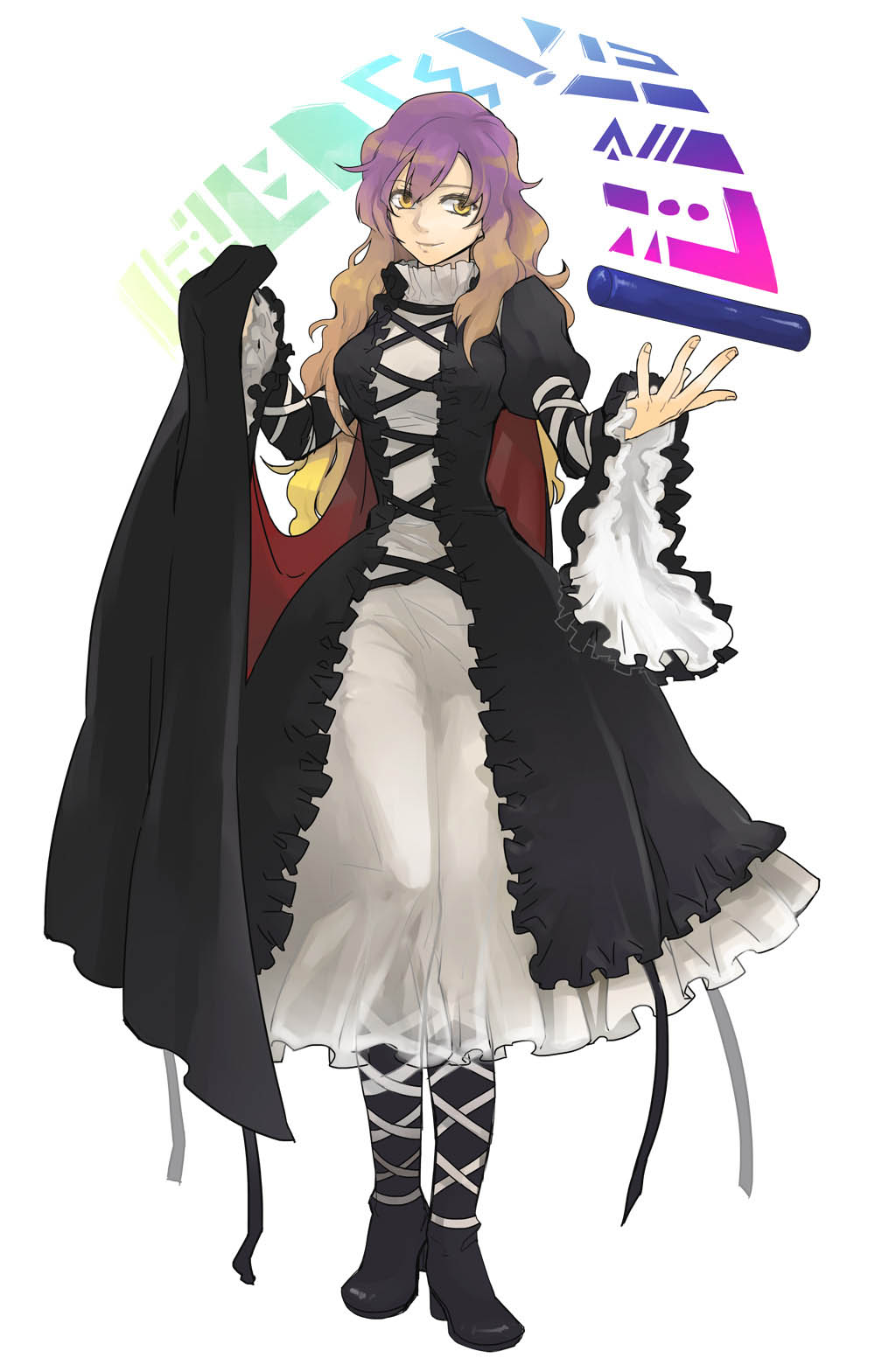 bad_id bad_pixiv_id blonde_hair boots cape full_body gradient_hair high_heels highres hijiri_byakuren jpeg_artifacts light_smile long_hair moros multicolored_hair outstretched_hand purple_hair scroll shoes simple_background solo sorcerer's_sutra_scroll standing touhou two-tone_hair yellow_eyes
