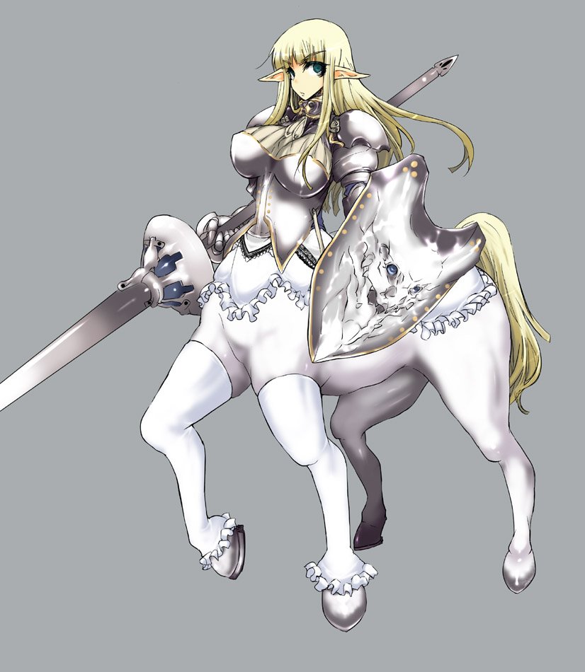 armor bottomless centaur circus_trick female hooves horseshoes knight lance pointy_ears shield stockings taur