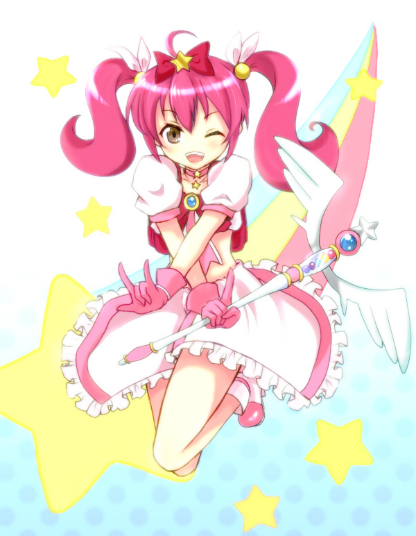 \m/ backpack bad_id bad_pixiv_id bag bow cosplay gloves hair_bow hoshikuzu_witch_meruru kitano_(nana) kurusu_kanako magical_girl meruru_(oreimo) meruru_(oreimo)_(cosplay) one_eye_closed ore_no_imouto_ga_konna_ni_kawaii_wake_ga_nai pink_hair solo twintails wand
