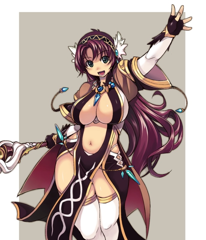 arm_up breasts cape cleavage curvy fingerless_gloves gloves hairband huge_breasts long_hair navel open_mouth purple_eyes purple_hair ragnarok_online simple_background smile solo thick_thighs thighhighs thighs warlock_(ragnarok_online) white_legwear wide_hips xration