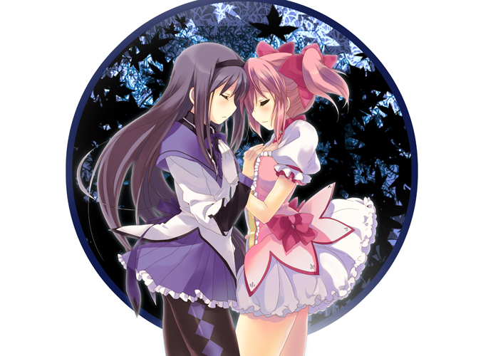 akemi_homura blush bubble_skirt closed_eyes face-to-face forehead-to-forehead hand_on_another's_chest kaname_madoka leaf magical_girl mahou_shoujo_madoka_magica malino_(dream_maker) maple_leaf multiple_girls pantyhose purple_skirt short_twintails skirt twintails yuri