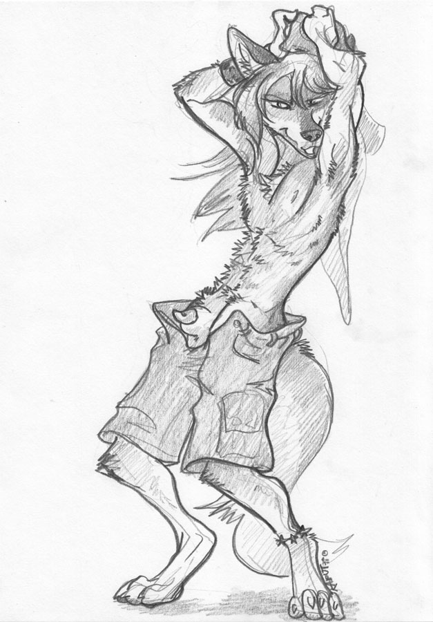2011 arms_above_head canine kaputotter male penis sheath shorts sketch solo topless wolf