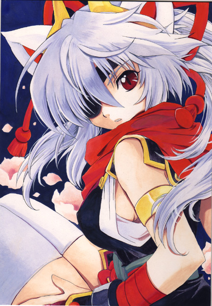 acrylic_paint_(medium) animal_ears armlet breasts eyepatch fox_ears horns kuon_(shinrabanshou) long_hair medium_breasts ninja petals red_eyes scarf shinrabanshou sideboob silver_hair solo suwajin thighhighs traditional_media white_legwear