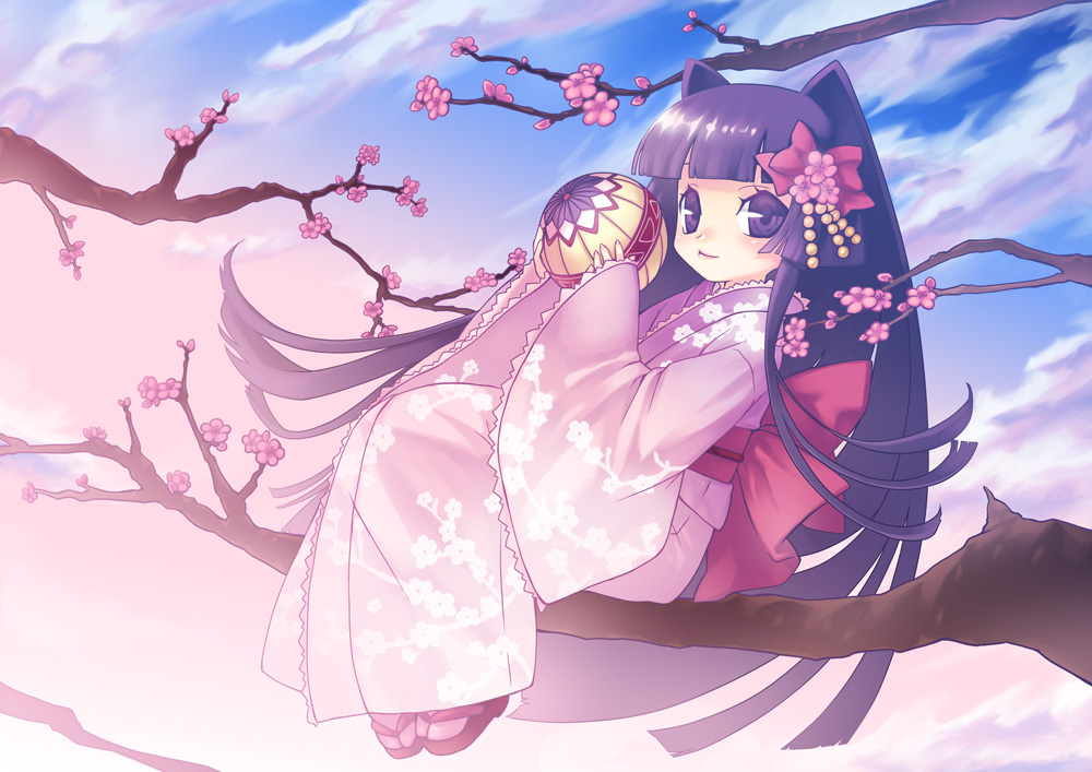 ball blue_eyes blue_hair bow cherry_blossoms cloud copyright_request flower hair_bow hime_cut in_tree japanese_clothes kimono long_hair mitake_eiru sandals sitting sitting_in_tree sky solo temari_ball tree