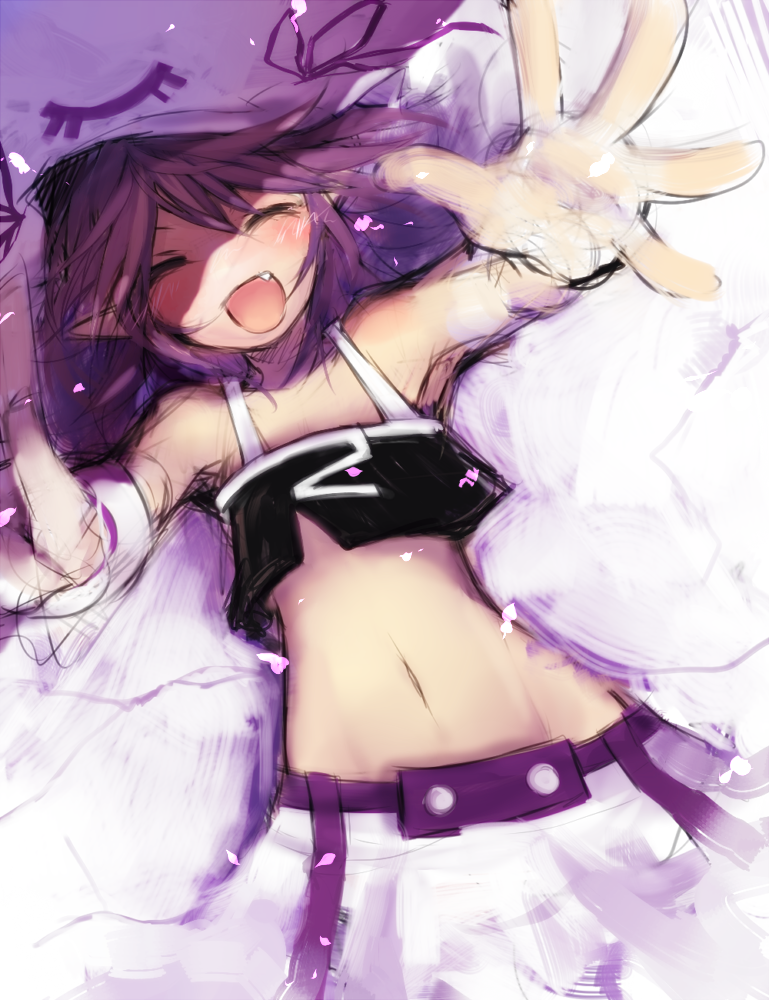 :d bad_id bad_pixiv_id closed_eyes fang foreshortening goose_h hands happy hat merry_nightmare midriff navel open_mouth outstretched_arm outstretched_hand purple_hair ribbon short_hair sketch smile solo yumekui_merry