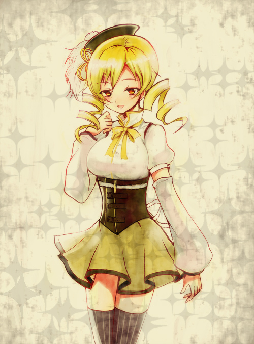 bad_id bad_pixiv_id blonde_hair drill_hair hair_ornament hat long_hair magical_girl mahou_shoujo_madoka_magica pleated_skirt skirt smile solo thighhighs tomoe_mami twintails yellow_eyes
