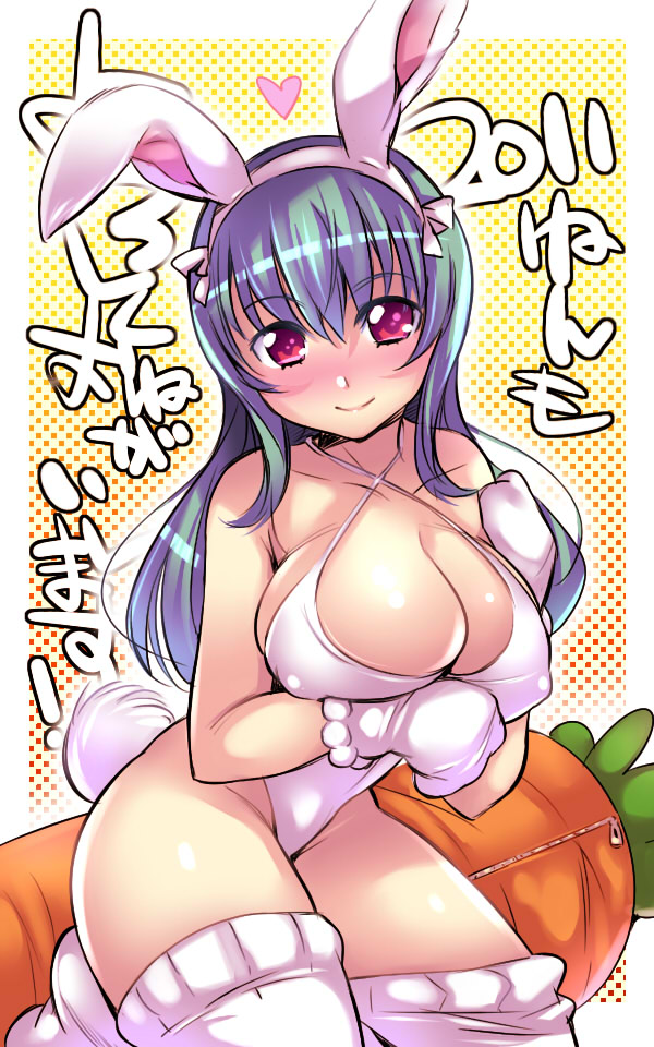 animal_ears breasts bunny_ears bunny_girl bunny_tail carrot cleavage copyright_request covered_nipples huge_breasts leotard paws solo tail thighhighs yoshiron