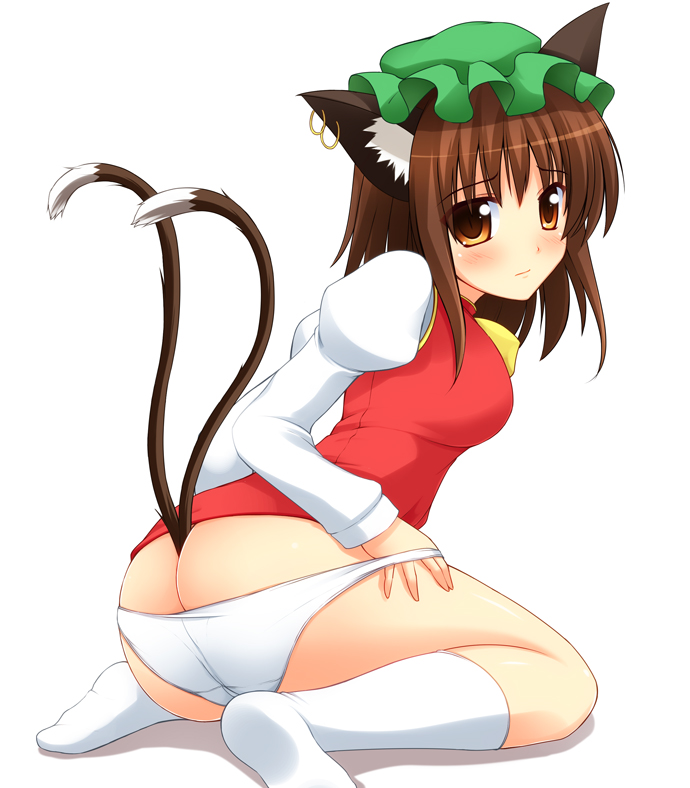 animal_ears ash_(pixiv) ass breasts brown_eyes brown_hair cat_ears cat_tail chen earrings hat jewelry medium_breasts multiple_tails panties short_hair solo tail touhou underwear white_panties