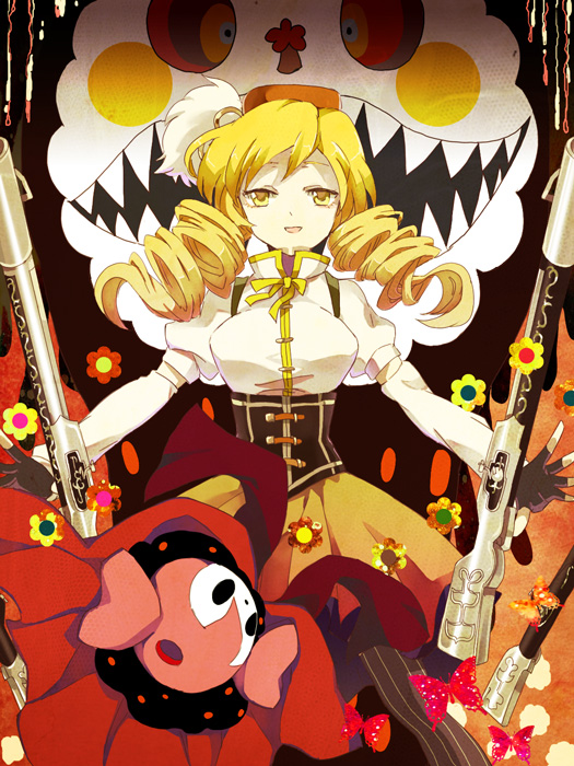 bad_id bad_pixiv_id beret blonde_hair bug butterfly charlotte_(madoka_magica) corset drill_hair fang fingerless_gloves flower gloves gun hat insect magical_musket mahou_shoujo_madoka_magica mami_mogu_mogu masui open_mouth outstretched_arms outstretched_hand puffy_sleeves rifle smile thighhighs tomoe_mami weapon witch's_labyrinth yellow_eyes